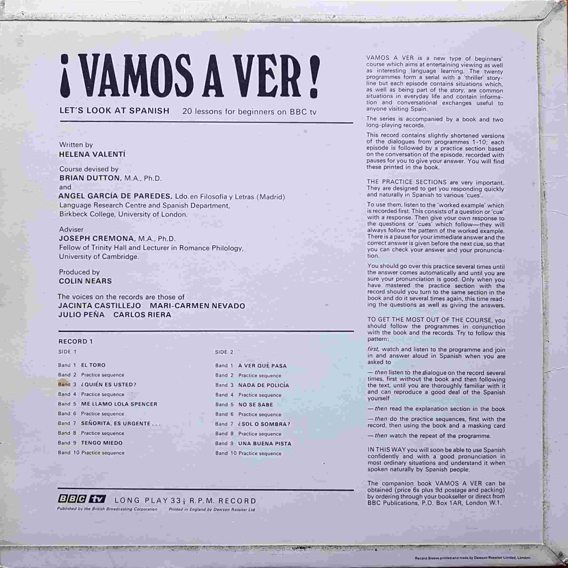 Picture of OP 109/110 Vamos A Ver - Let's look at Spanish on BBC tv - Record 1 by artist Helena Valenti / Brian Dutton / Angel Garcia De Paredes / Joseph Cremona from the BBC records and Tapes library